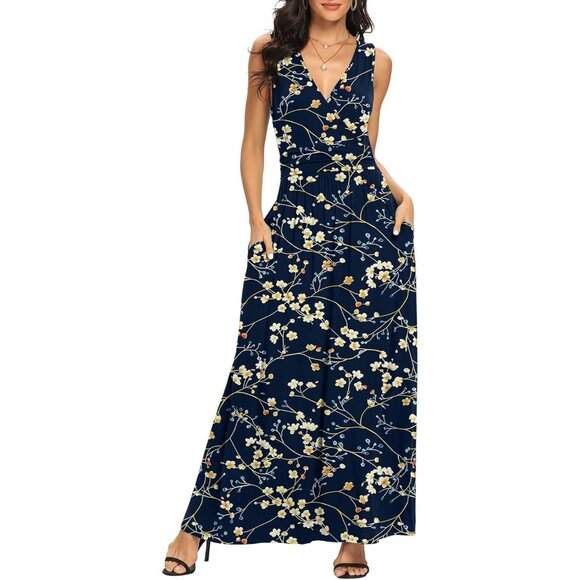 Women Sui Mei Blue Deep V Neck Sleeveless Loose Plain Long Maxi Stretchy Dress - Picture 2 of 6